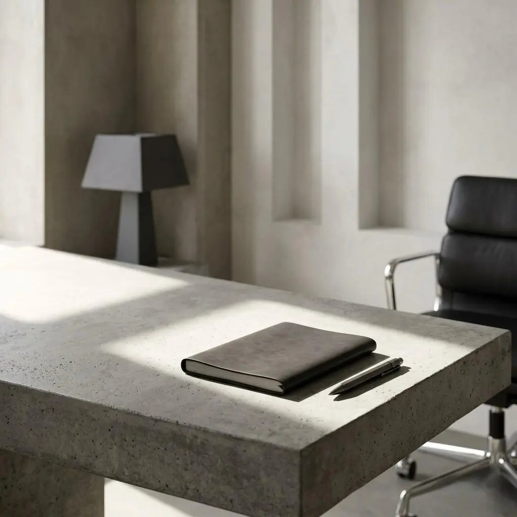 Espacio de trabajo minimalista élite — superficies de hormigón, luz natural direccional, escritorio de borde afilado